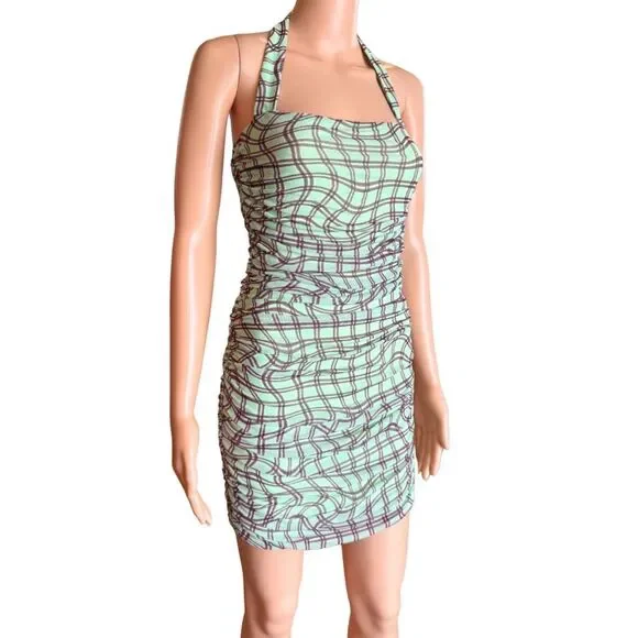 AFRM Bonnie Dress Mesh Ruched Plaid Checkered Halter Mini Bodycon NWT Medium Y2K - Picture 7 of 10